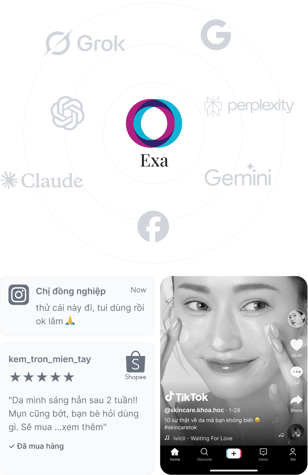 Exa ở trung tâm, được bao quanh bởi các công cụ AI và mạng xã hội: Grok, Google, OpenAI, Claude, Perplexity, Gemini, Facebook